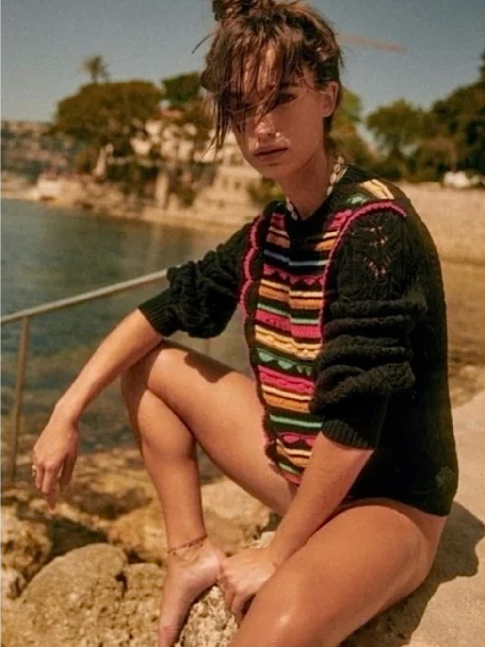 Sézane Black Sweater with Multicolor Striped Front Panel